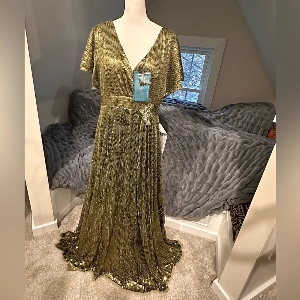 SEQUINED BUTTERFLY SLEEVE WRAP OVER A LINE GOWN - Picture 1 of 17